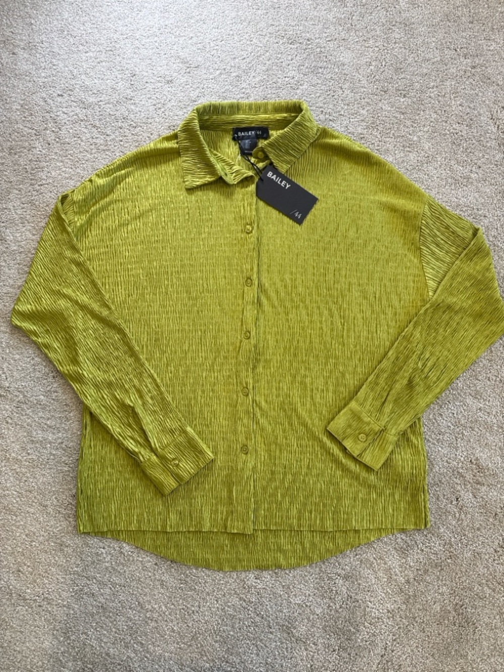 Bailey 44 Crinkle Button Down Shirt Green Textured Blouse Long Sleeve NWT Size S